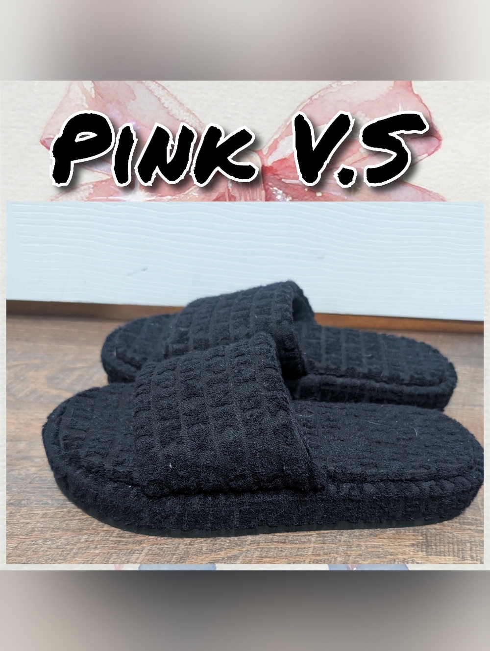 PINK Victoria's Secret Black Waffle-Textured Slide Slippers